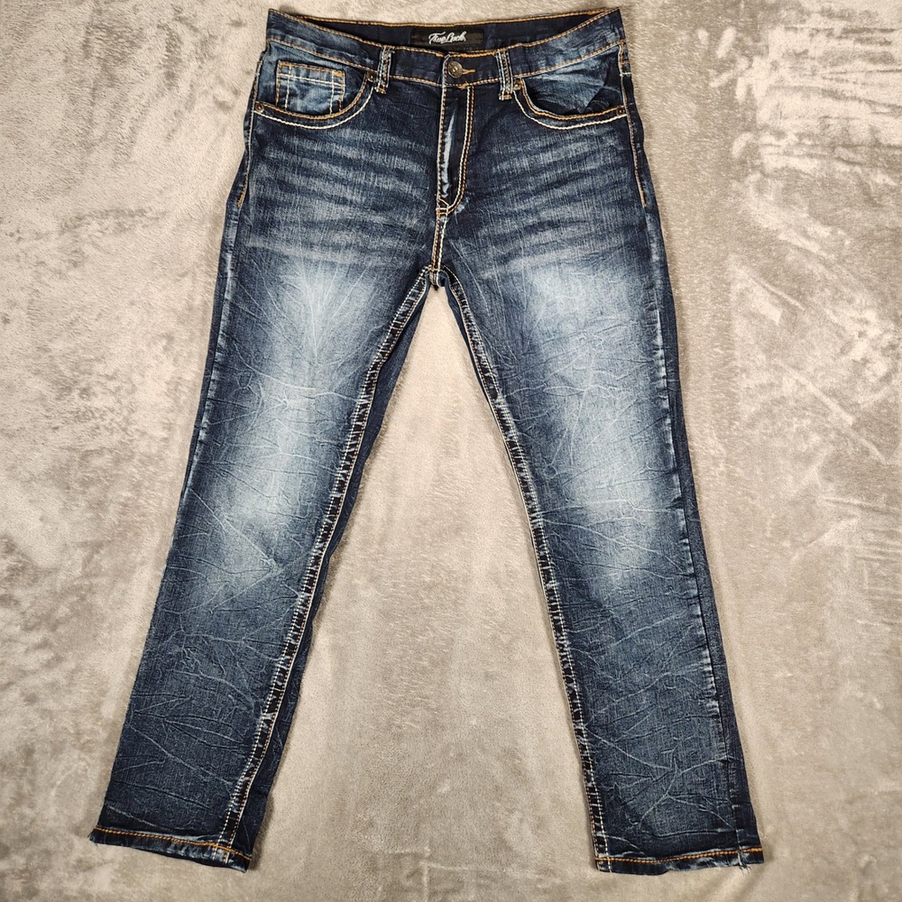 True Luck Jeans Mens 34x30 Straight Leg Blue Whiskered Embroidered Flap EUC